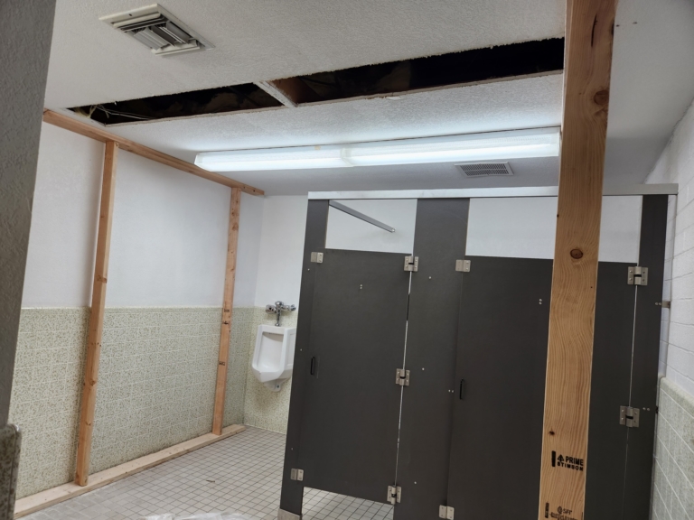 Rec Hall men's restroom truss strengthening