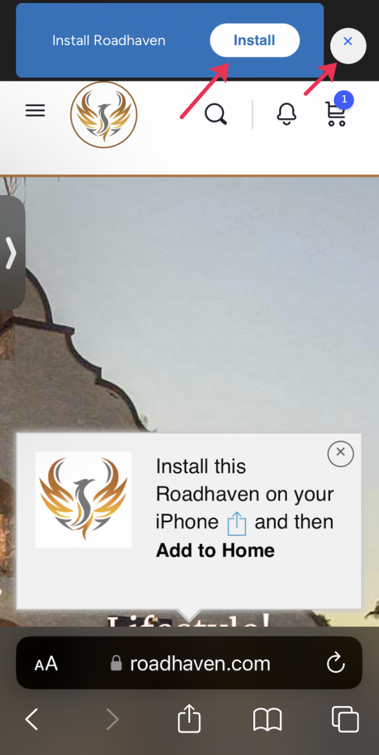 A mobile device with instructions on installing the roadhaven.com shortcut/bookmark.