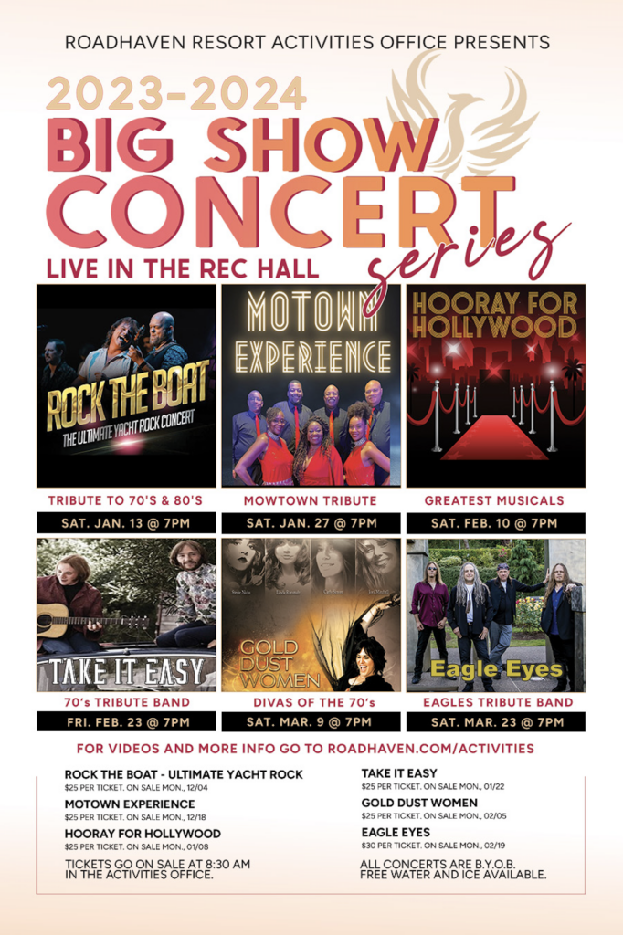 Flyer Roadhaven's Big Show Concert Series featuring six live shows.