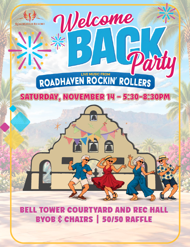 Roadhaven Welcome Back Party event flyer